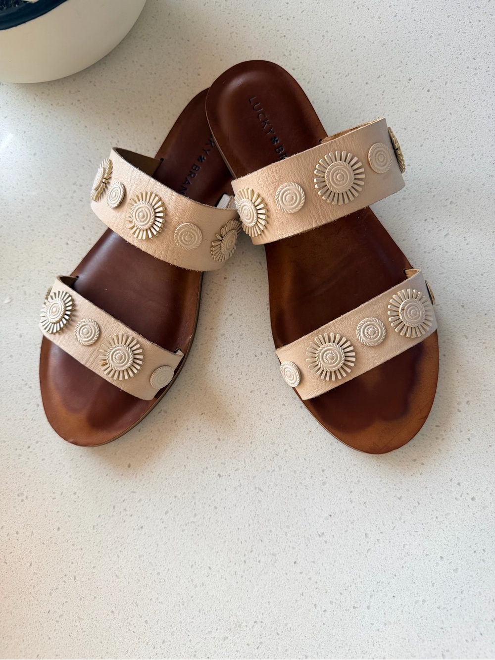 Lucky Brand Beige Double-Strap Slide Sandals with Sunburst Studs